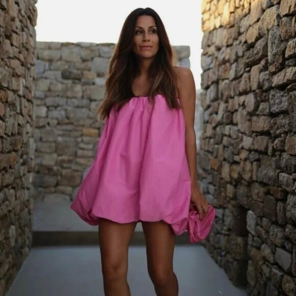 Zara Pink Bubble Hem Strapless Mini Dress Cotton Balloon Tube Top Style S - Picture 7 of 8